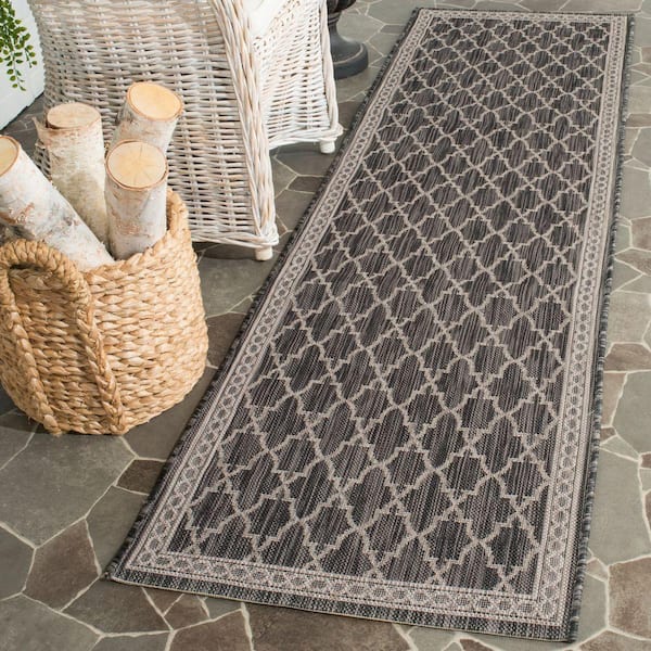 Courtyard Black/Beige 2 ft. x 8 ft. Border Indoor/Outdoor Patio  Runner Rug