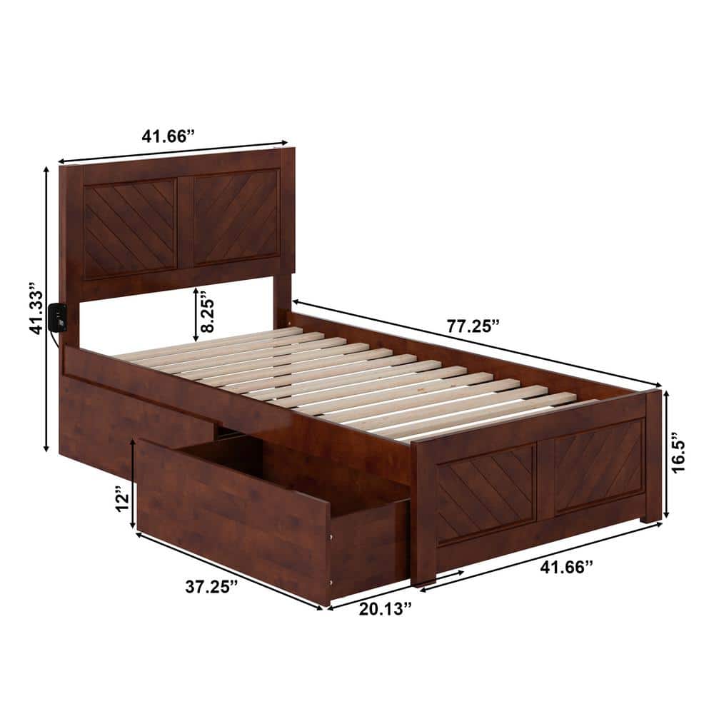 Walnut Twin Wood Platform Bed with Storage Drawers and Headboard