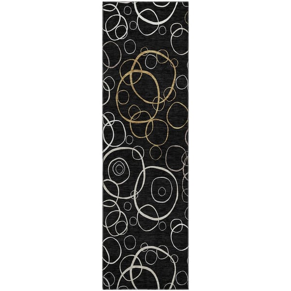 Mayfield Premium Machine Washable Abstract AMF2408 Black 2 ft. x 7 ft. Runner Rug