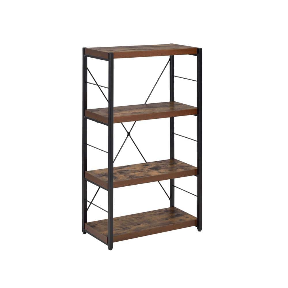 Weathered Oak and Black Metal 3-Tier Industrial Bookshelf