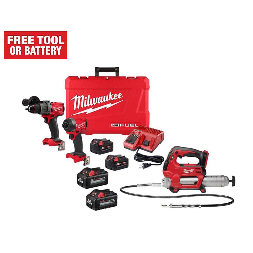 Milwaukee M18 FUEL 18-Volt Lithium-Ion Brushless Cordless Hammer Drill/Grease Gun/Impact Driver Combo Kit 3 Tool -  3697-22-2646