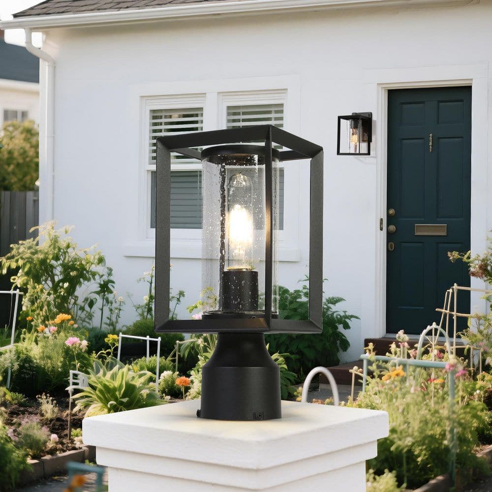 1-Light Black Metal Minimalist Outdoor Weather Resistant Pier Mount Light Post Lantern with LED Seeded Glass price history on PriceWatchPro
