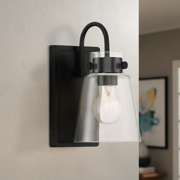 Designers Fountain Inwood 5 in. 1-Light Matte Black Modern Wall Sconce with Clear Glass Shade