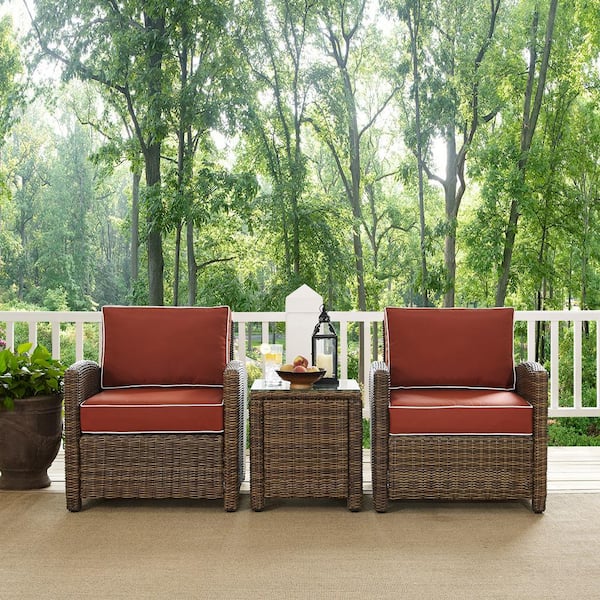 CROSLEY FURNITURE Bradenton 3-Piece Wicker Outdoor Conversation Set with Sangria Cushions - 2 Arm Chairs and Side Table