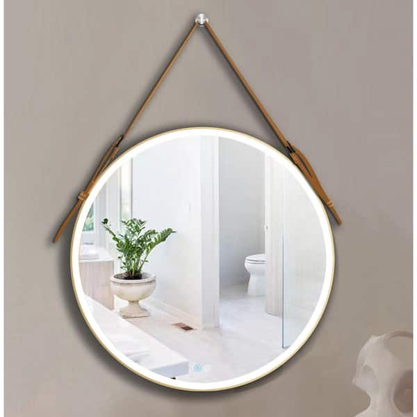 Zeus & Ruta 28 in. W x 28 in. H Round Framed Wall Mounted Bathroom Vanity Mirror with Lights Smart 3 Lights Dimmable in Gold