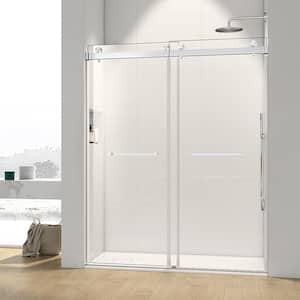 60 in. W x 76 in. H Double Sliding Frameless Shower Door in Brushed Nickel Finish with Clear Glass