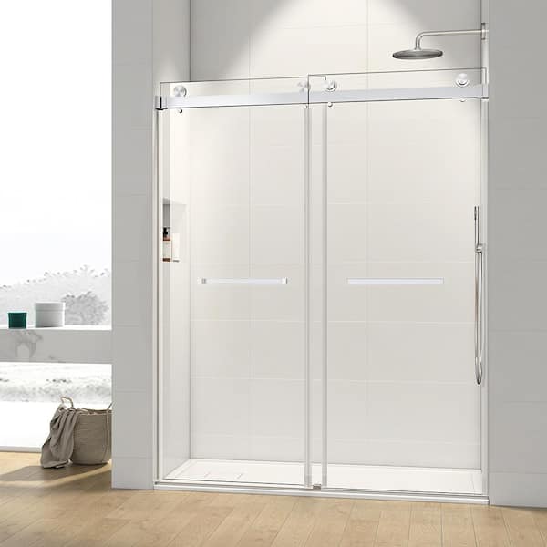 EPOWP 60 in. W x 76 in. H Double Sliding Frameless Shower Door in Brushed Nickel Finish with Clear Glass