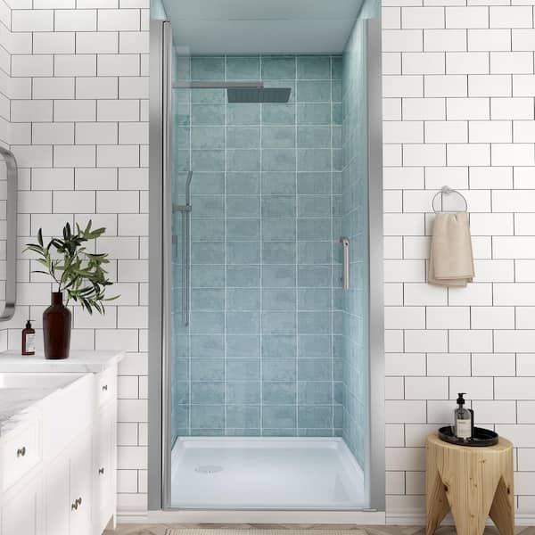 32 to 33-1/4 in. H Pivot Swing Frameless Shower Door in Brushed Nickel with Clear Glass