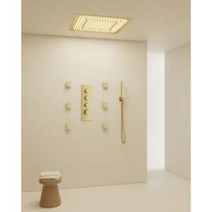Thermostatic Valve 7-Spray 20 in. LED Dual Ceiling Mount Shower Head and Handheld Shower 2.5 GPM in Brushed Gold