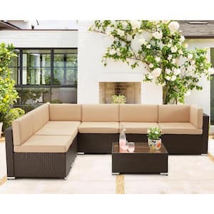 Brown 7-Piece Patio Rattan Wicker Sofa Set Outdoor Sectional Conversation Furniture Chair Set w/ Beige Cushion