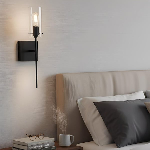 3 in. 1-Light Matte Black Wireless Wall Sconce Set of 2, Dimmable Cylinder Glass Wall Lights for Bedroom, Living Room