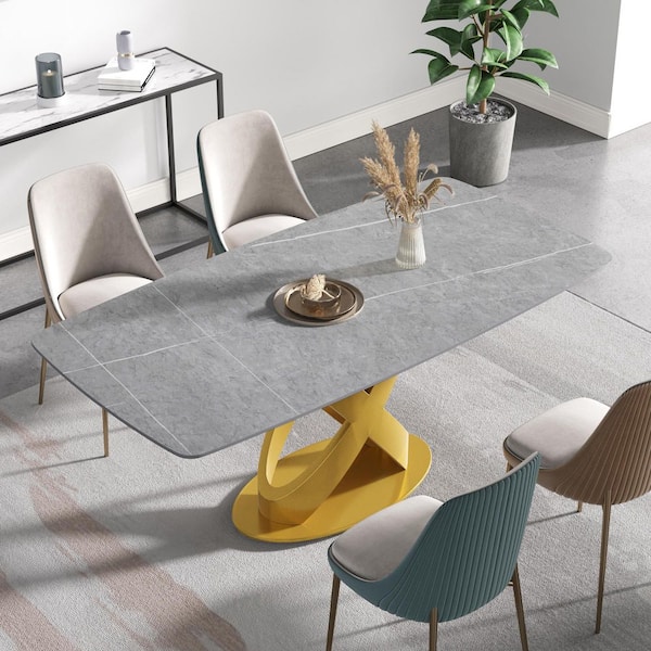 Magic Home 70.87 in. Modern Rectangular Grey Sintered Stone Top Cross Legs Golden Carbon Steel Legs Dining Table (6 Seats)