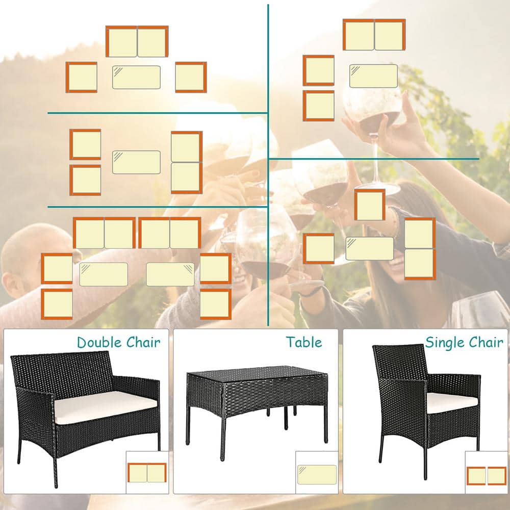 Modern Black Wicker 4-Piece Patio Set with White Cushions