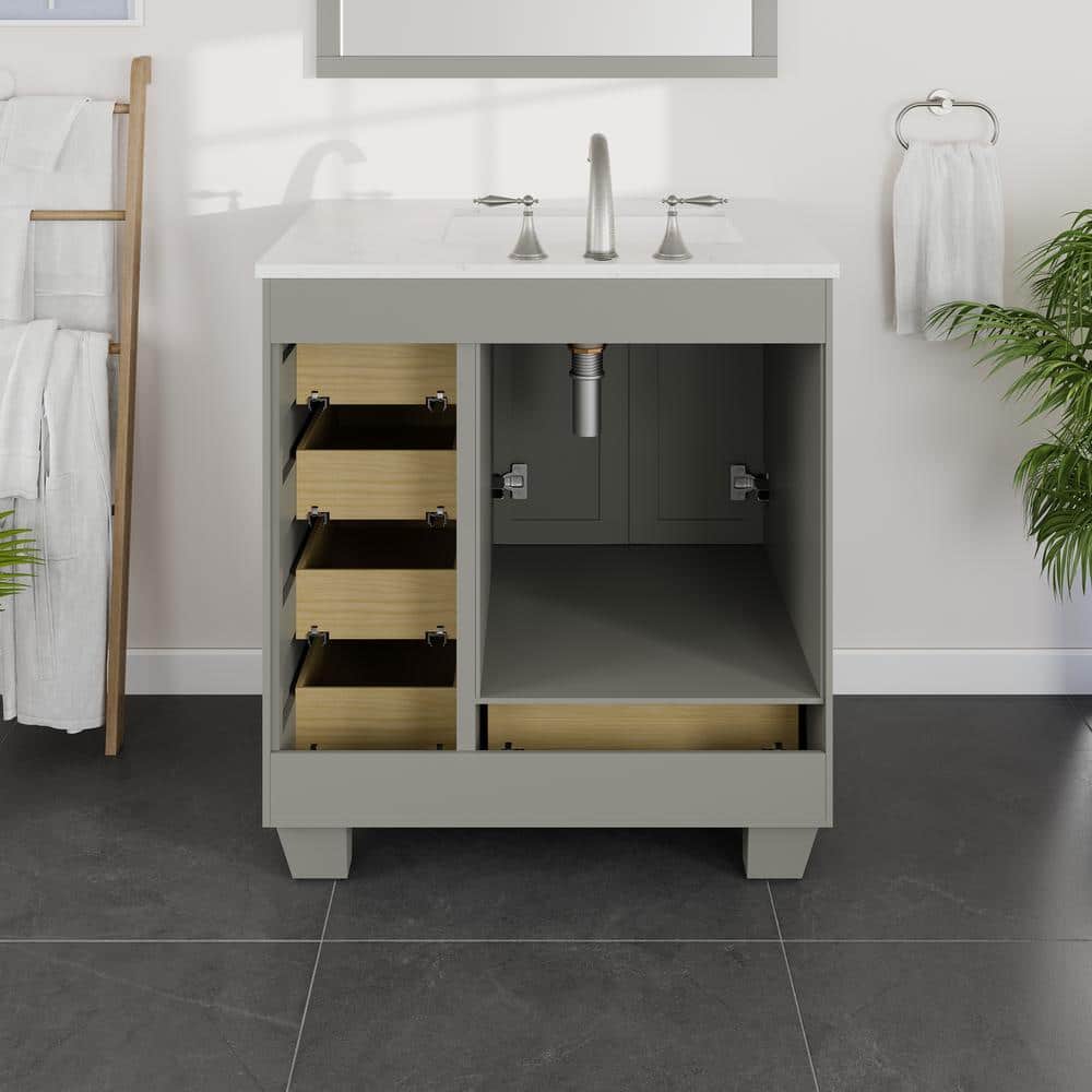 Gray 30" Freestanding Bathroom Vanity with White Quartz Top