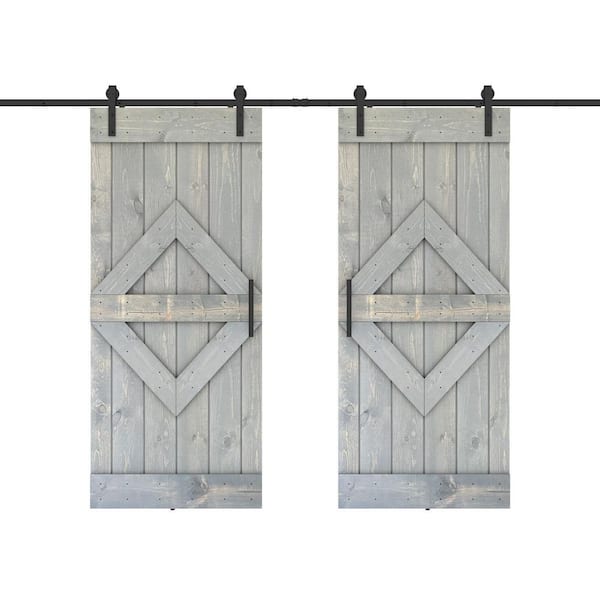 Dessliy Diamond 56 in. x 84 in. Fully Set Up Weather Grey Finished Pine Wood Sliding Barn Door with Hardware Kit