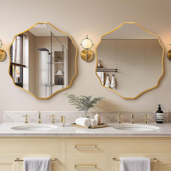 32 in. W x 36 in. H Scalloped Gold Aluminum Alloy Framed Irregular Wall Mirror