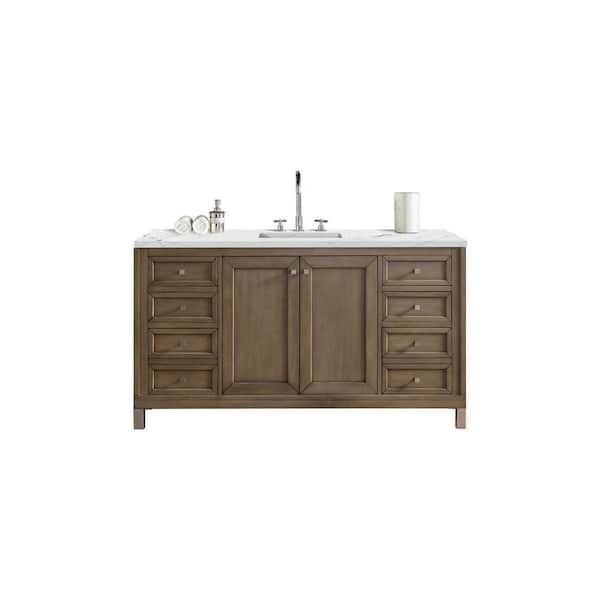 James Martin Vanities Chicago 60.0 in. W x 23.5 in. D x 33.8 in. H Bathroom Vanity in Whitewashed Walnut with Ethereal Noctis Quartz Top