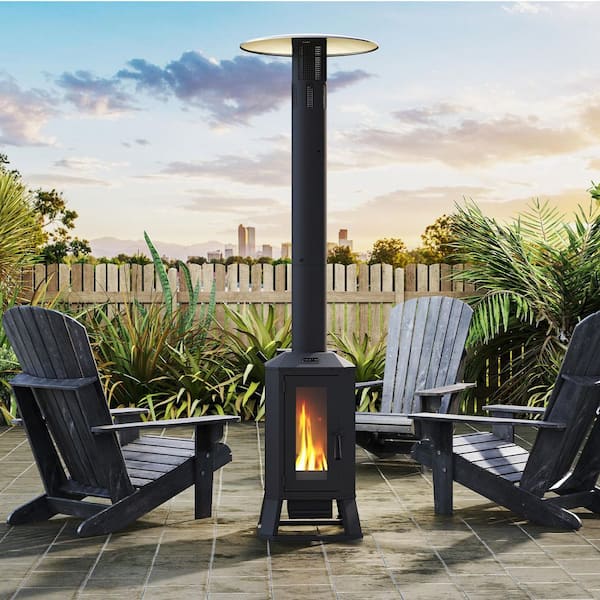 70, 000 BTU Stainless Steel Propane Standing Patio Heater, Wood Pellet Fire Pit, Chiminea in Black with Glass Window