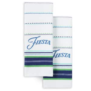 Printed Logo Blue / Green / Yellow Striped Cotton Kitchen Towel (Set of 2)