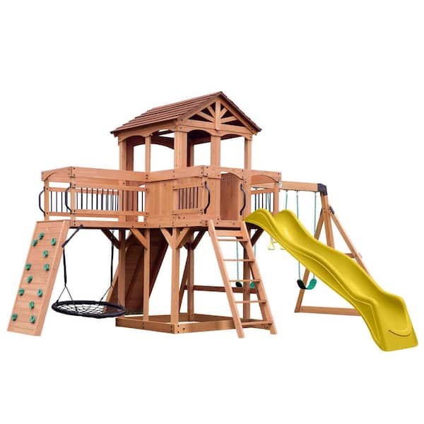 Sterling Point Outdoor Playground Set w/ Elevated Clubhouse, Balcony, Web Swing, Swing Set, and Yellow Wave Slide
