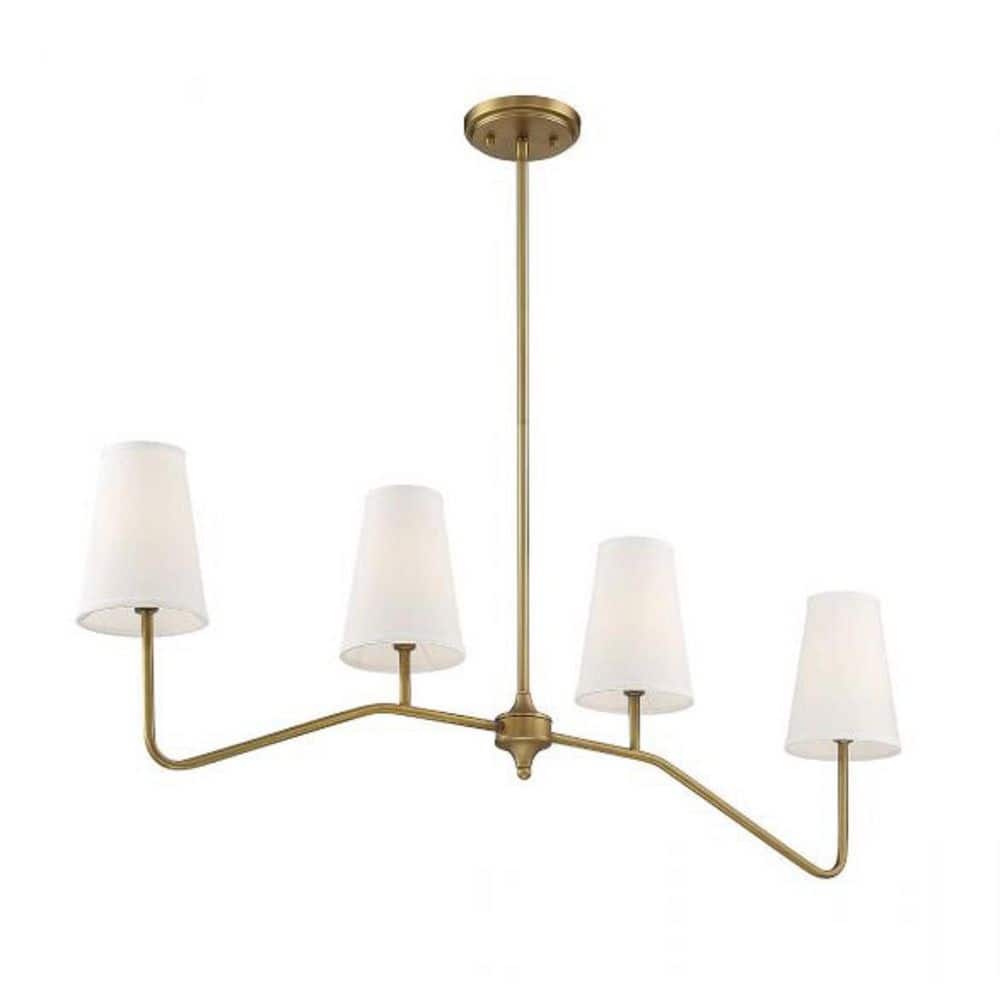 Natural Brass 4-Light Linear Chandelier with White Fabric Shades