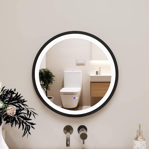 Fab Glass and Mirror 24 in. x 24 in. Modern Round Black Framed Decorative LED Mirror Wall Mounted Anti-Fog and Dimmer Touch Sensor