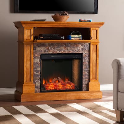 Megania Alexa-Enabled 45.5 in. Convertible Electric Smart Fireplace with Faux Stone in Sienna