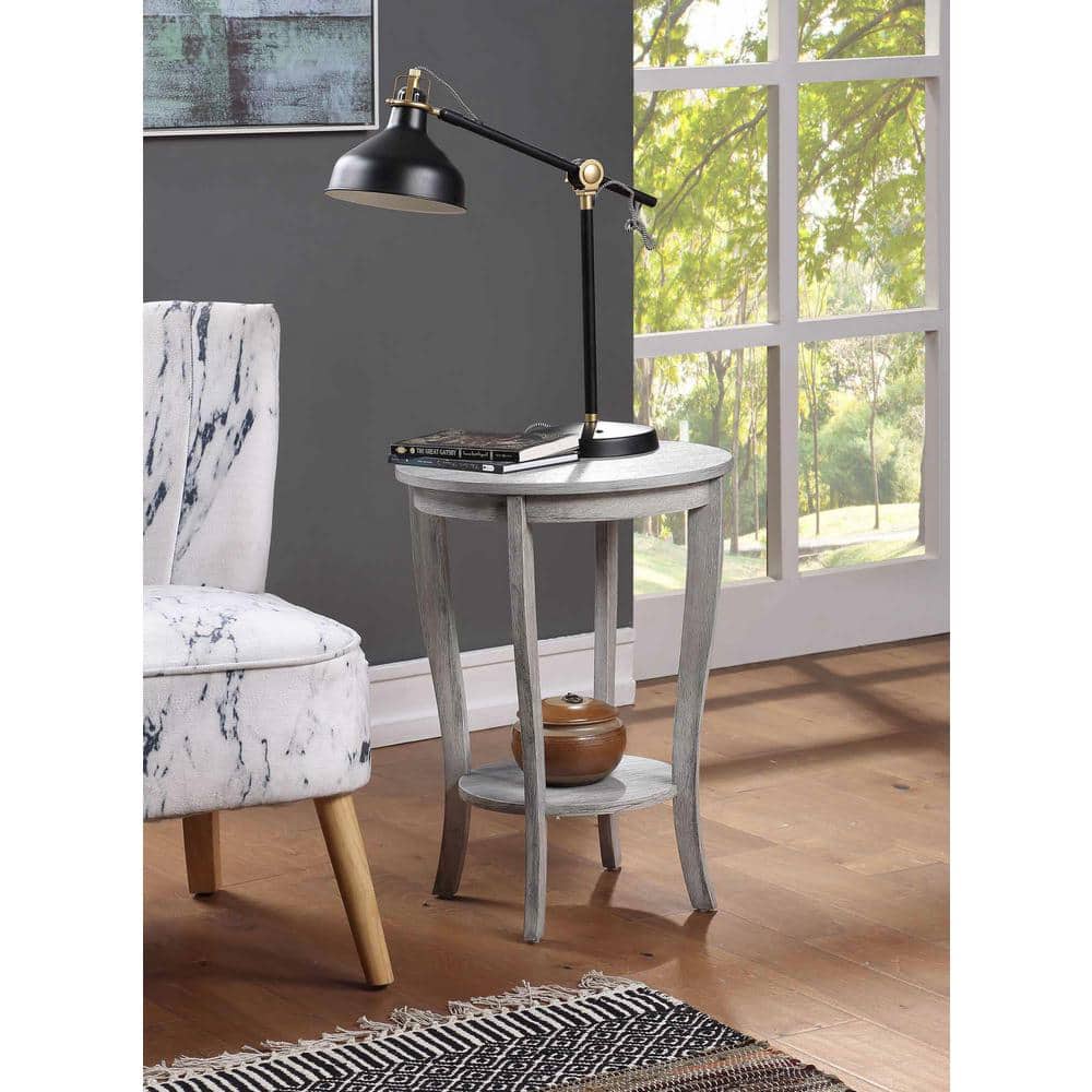 Light Gray Round Wood End Table with Shelf