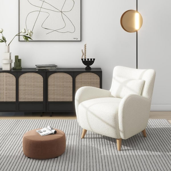 Lune 30 in. Curved Arm Accent Chair with Lumbar Pillow in Ivory White Boucle
