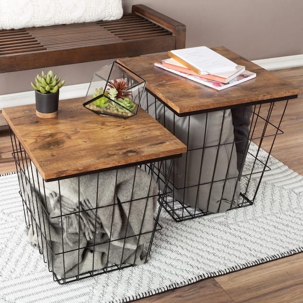 Lavish Home 15.75 In. Brown Square Wood Top Wire Basket Nesting End Table with Storage Set of 2 - The Home Depot