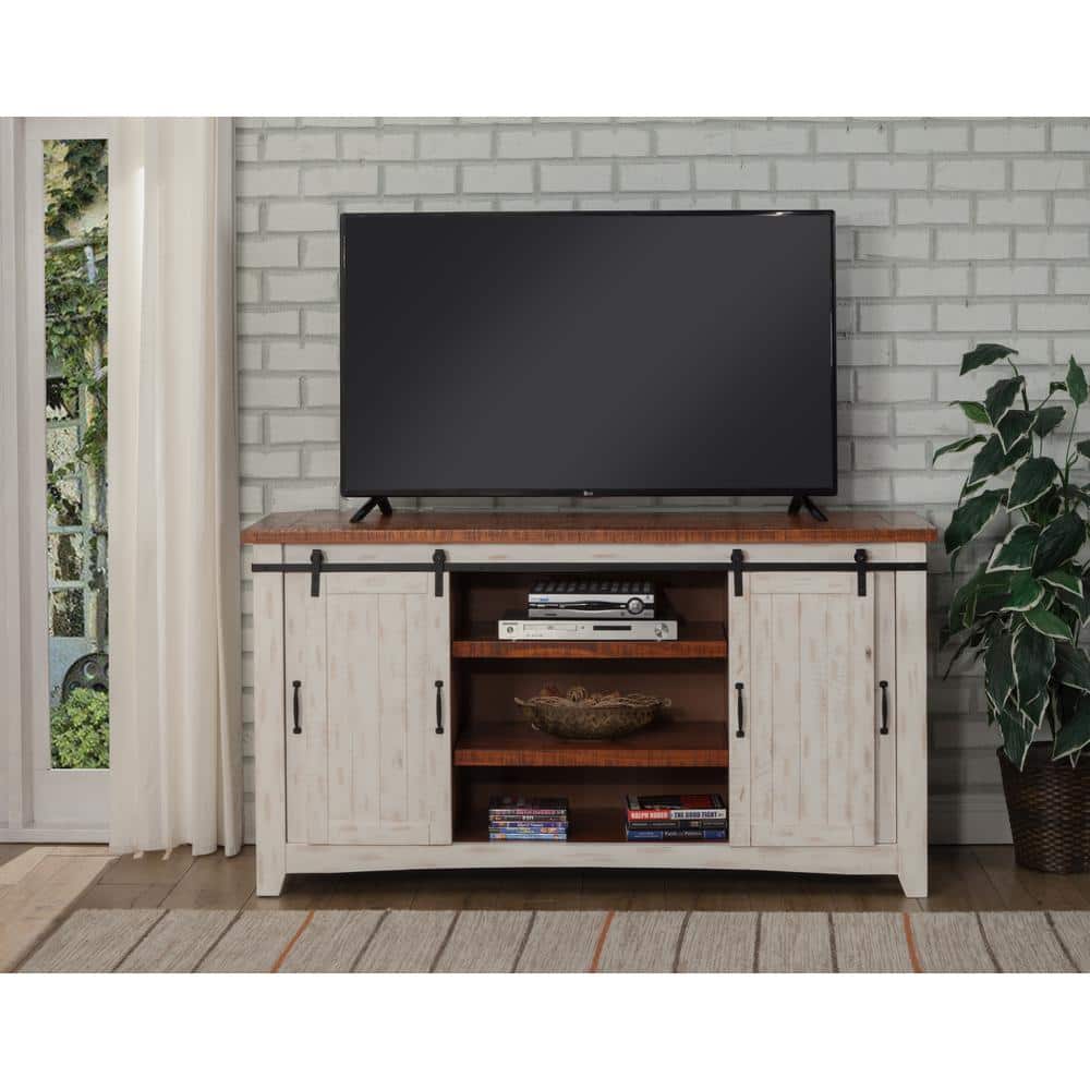 Antique White and Aged Distressed Pine 65" TV Stand with Cabinet