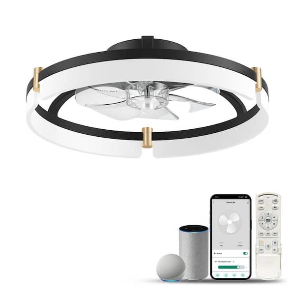 20 in. Smart Outdoor Indoor Black Standard Flush Mount Ceiling Fans wiht Dimmable Lights and Remote/Wi-Fi Alexa, 6-Speed