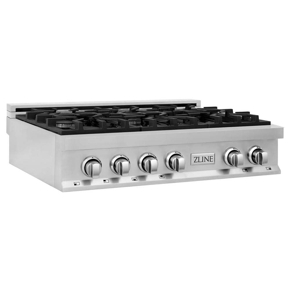 ZLINE Kitchen and Bath 36 in. 6 Burner Front Control Gas Cooktop in Stainless Steel, Brushed 430 Stainless Steel