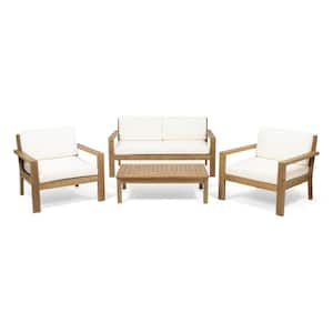 Santa Ana Brushed Light Brown 4-Piece Wood Patio Conversation Set with Cream Cushions