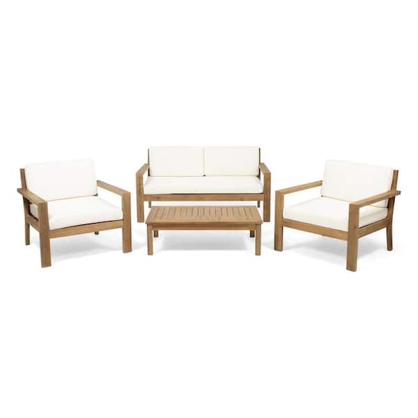 Noble House Santa Ana Brushed Light Brown 4-Piece Wood Outdoor Patio Conversation Set with Cream Cushions