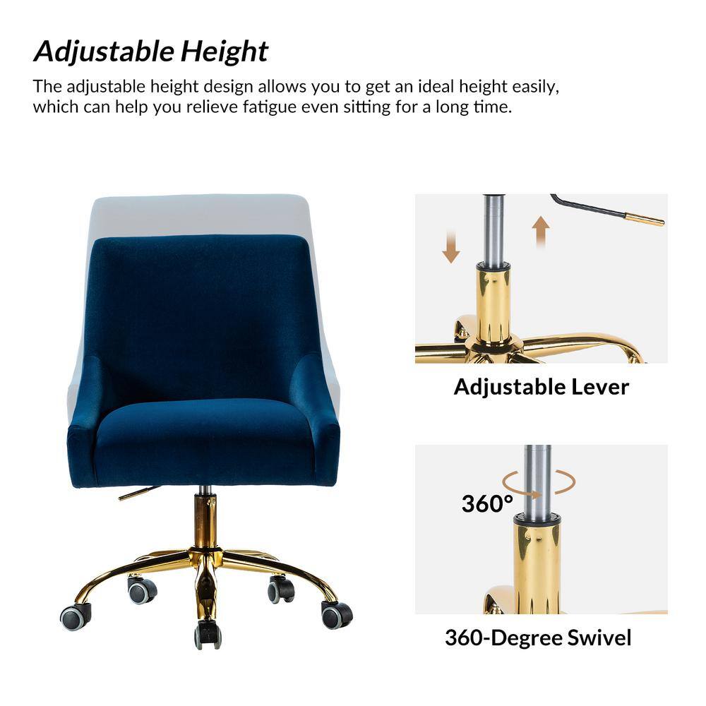 Navy Velvet Swivel Task Chair with Adjustable Height and Metal Base