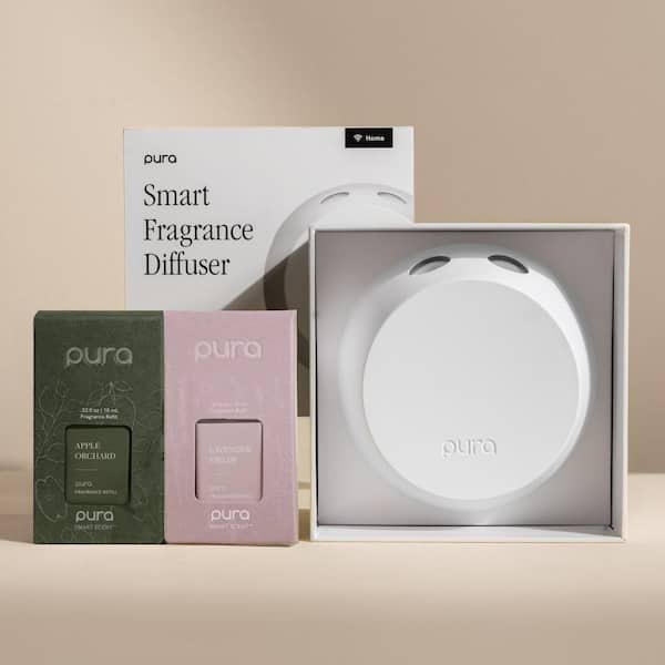 Smart Home Fragrance Diffuser Starter Set with Apple Orchard and Lavender Fields Scent Refills - White