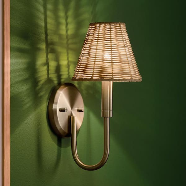 Bekah 6 in. 1-Light Champagne Bronze Boho Living Room Wall Sconce with Handwoven Rattan Shade