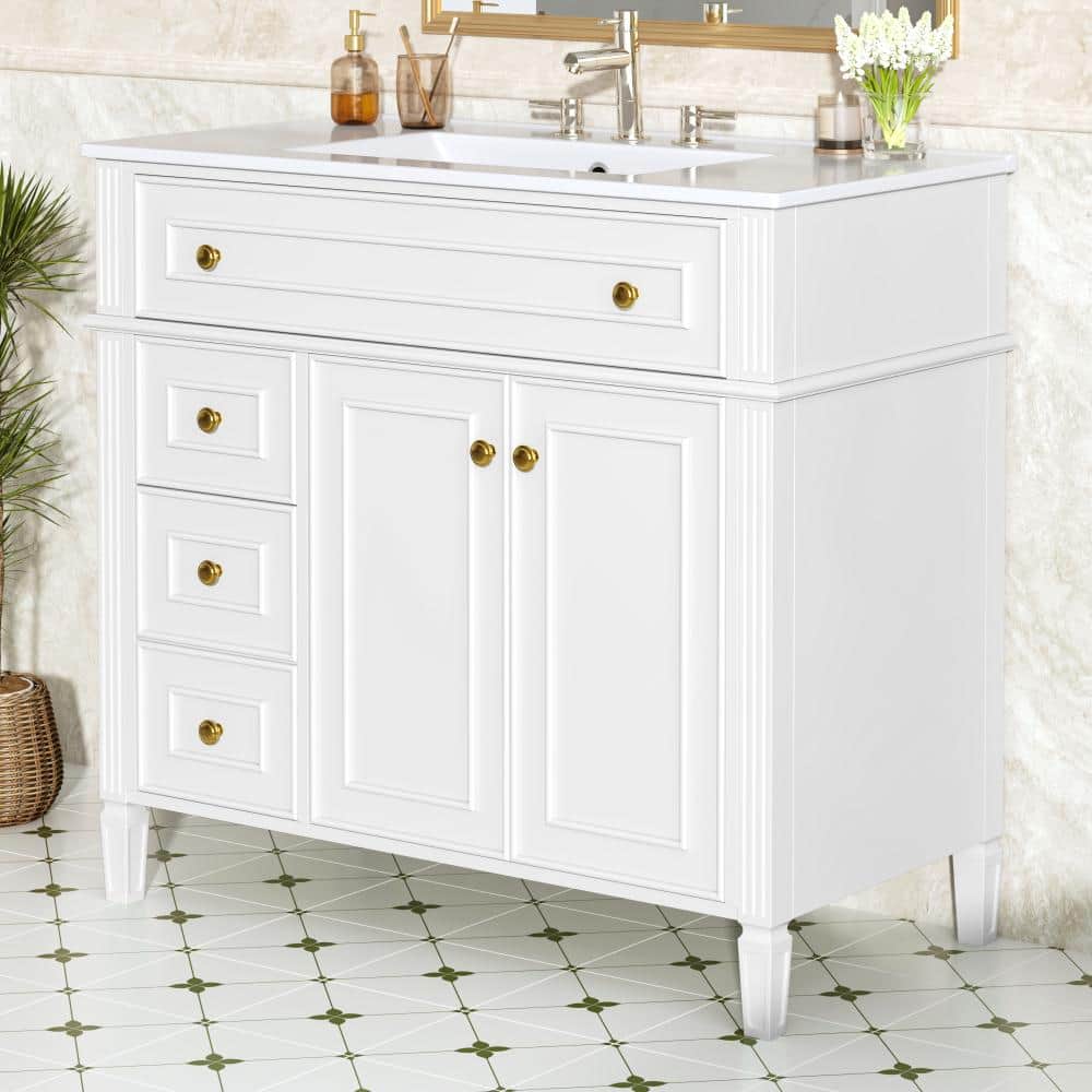 "36"" White Vanity Sink,Flip+3 Drawers+2 Soft Close Doors,Gold Handles,2Packs" price history on PriceWatchPro
