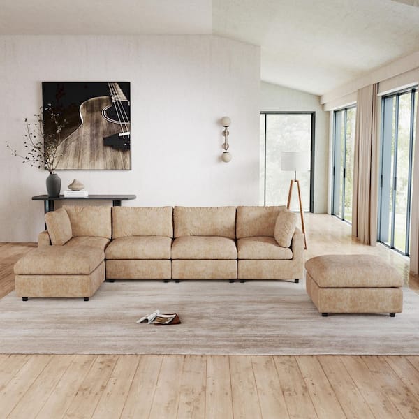 100 in. Square Arm 6-Piece Chenille L-Shaped Sectional Sofa Rearrangeable Solid Wood Cloud Couch in. Khaki with Ottomans
