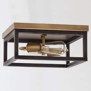 Boswell Quarter 12-1/2 in. 2-Light Gold and Black Distressed Wood Accents Coastal Flush Mount Ceiling Light for Bedrooms
