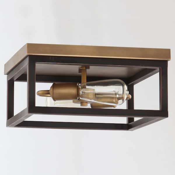 Hampton Bay Boswell Quarter 12-1/2 in. 2-Light Gold and Black Distressed Wood Accents Coastal Flush Mount Ceiling Light for Bedrooms
