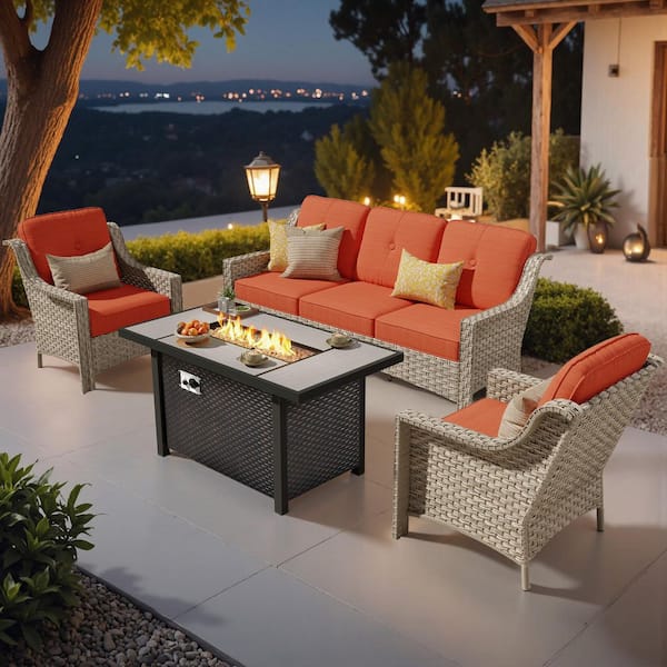 XIZZI EternalOasis 4 Pieces Wicker Outdoor Patio Rectangular Fire Pit Set with Orange Red Cushions