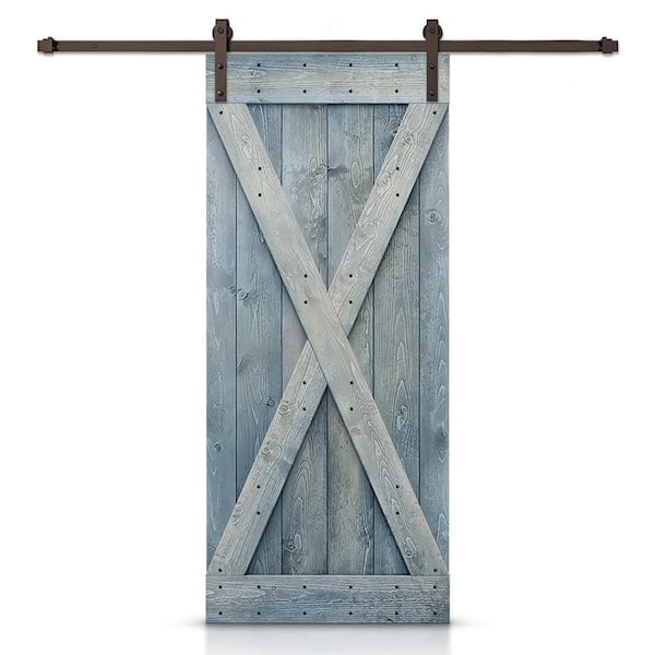 CALHOME X Series 38 in. x 84 in. Pre-Assembled Denim Blue Stained Wood Interior Sliding Barn Door with Hardware Kit