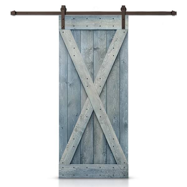 CALHOME X Series 42 in. x 84 in. Pre-Assembled Denim Blue Stained Wood Interior Sliding Barn Door with Hardware Kit