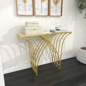 41 in. Gold Extra Large Rectangle Metal Geometric Console Table with Mirrored Glass Top