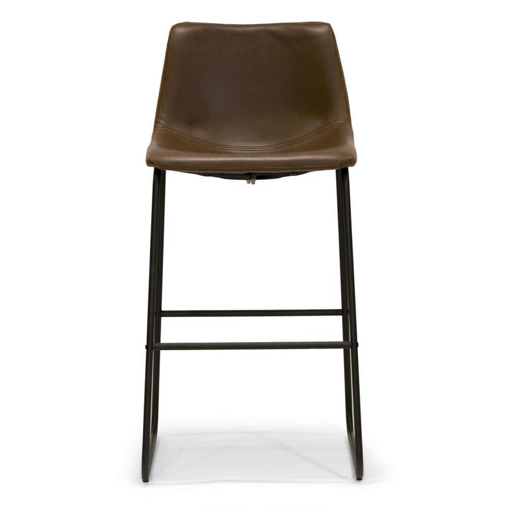 Adan Dark Brown Faux Leather Bar Stools with Metal Frame, Set of 2