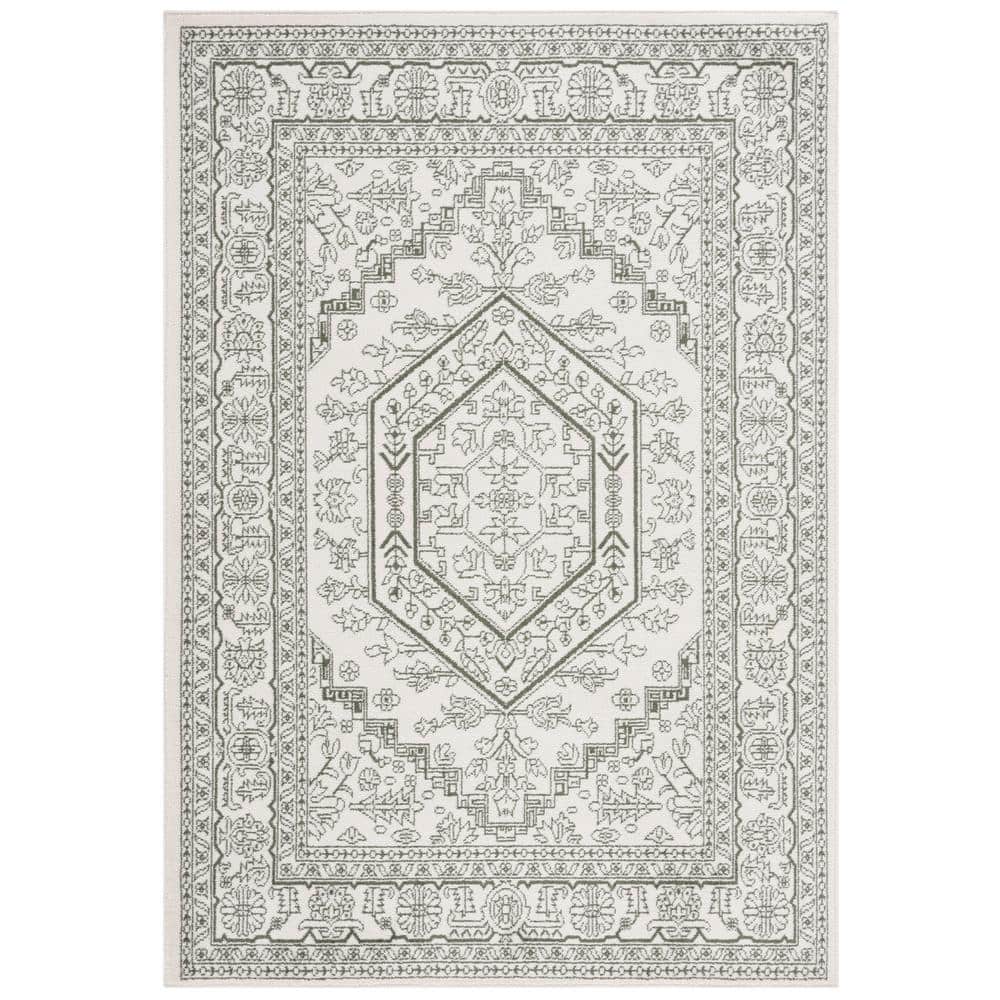 Ivory and Dark Green Synthetic Square Area Rug, 8' x 10'