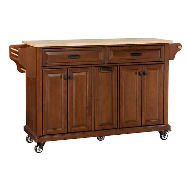 Mahogany Wood 18.1 in. Kitchen Island with 5 Wheels and 2 Top Drawers for Dinning Room