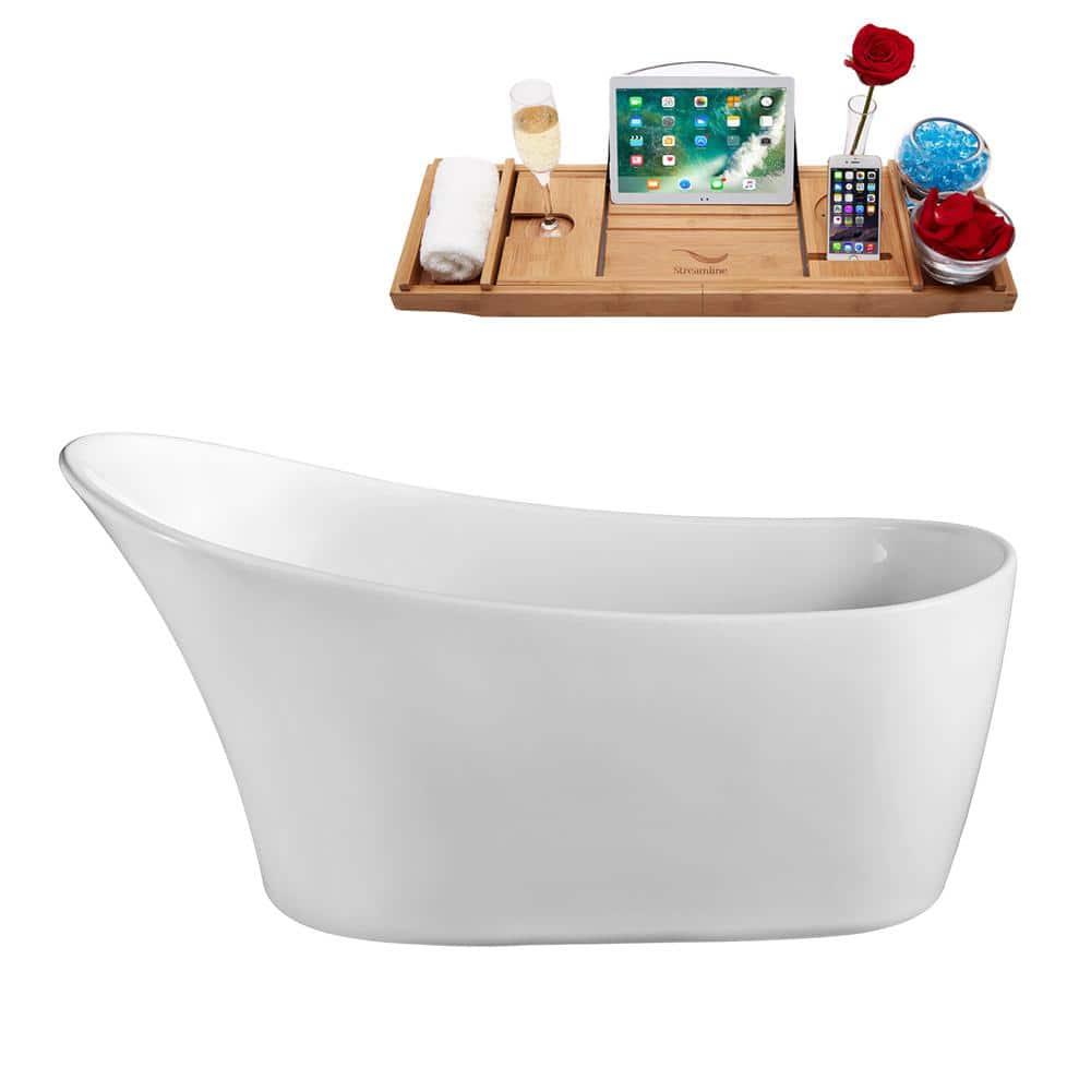 59" Glossy White Acrylic Freestanding Soaking Tub with Bamboo Tray